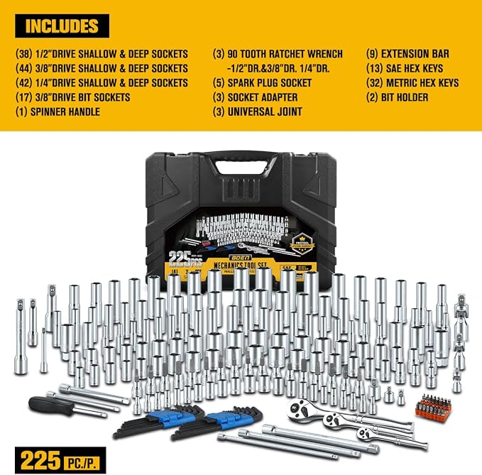 BOEN 225PCS Mechanic Tool Set, 1/4" & 3/8" & 1/2" Drive Socket Wrench Set, Metric and Standard Full Socket Set, with 90-Tooth Ratchet, Auto and Bike Repair with Heavy Duty Case