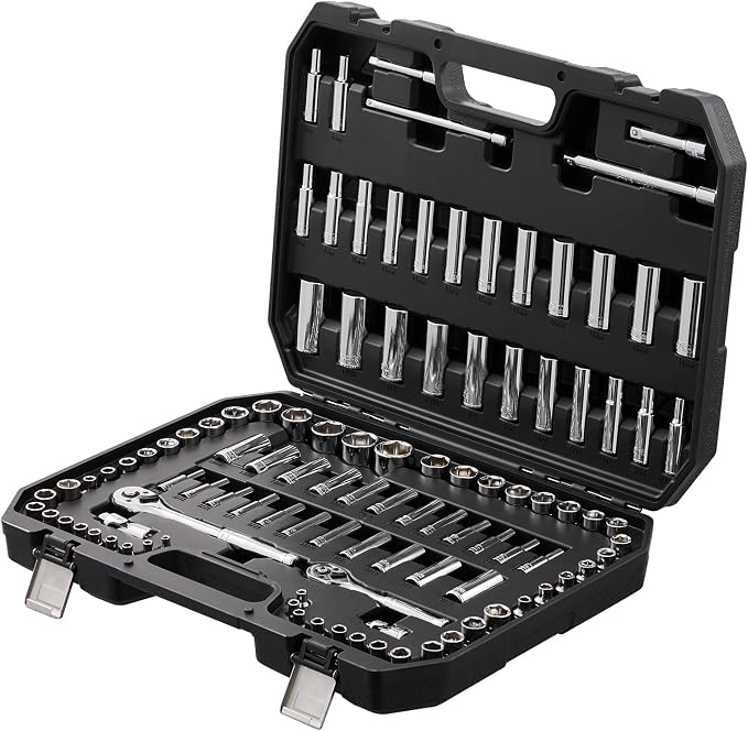 VEVOR Socket Set, 1/4" and 3/8" Drive Socket and Ratchet Set, 6-Point Socket Opening, 106 Pcs Tool Set SAE and Metric, Deep and Standard Sockets, 5/32-1 in, 5-19 mm, with Accessories, Storage Case