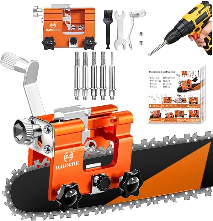 Chainsaw Sharpener Jig Tool with 5 Tungsten Bits for 4-22" Chains | Universal Portable Manual Hand Çank Chain Saw Blade Sharpener Tool Kit Accessories for Sharpening