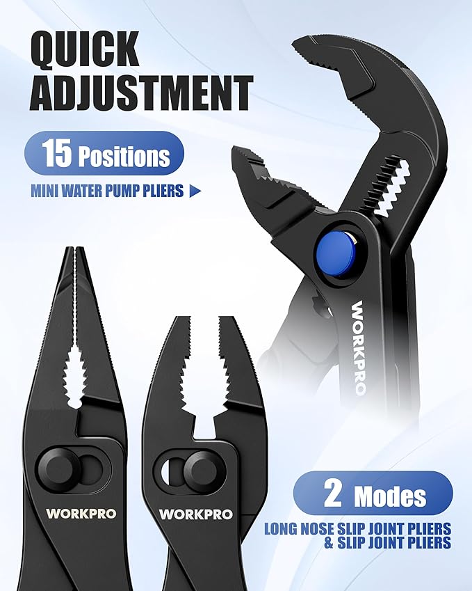 WORKPRO 3-Piece Mini Pliers Set with Pouch, 4-Inch Slip Joint Plier & 4-Inch Water Pump Plier & 4.5-Inch Long Nose Slip Joint Plier, High-Toughness Pocket Pliers for Tight Spaces & Versatile Use