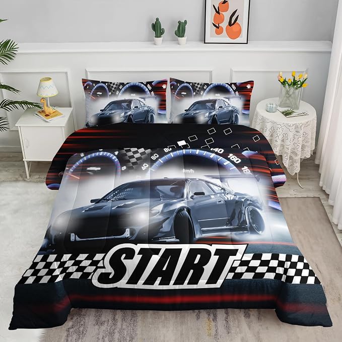 Axolotl Race Car Comforter Set King Size,Extreme Sports Bedding for Boys Teens Kids Girls Room Decor,Checkered Flag Bedding,Cool Speed Car Quilt Bed Set with 1 Comforter 2 Pillowcases