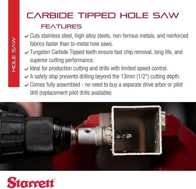 Starrett Tungsten Carbide Tipped Stainless Steel Sheet Metal Hole Saw - Ideal for Stainless, High Alloy Steel, Non-Ferrous Metals, Reinforced Fabrics - 1-11/32'' Diameter - SM34