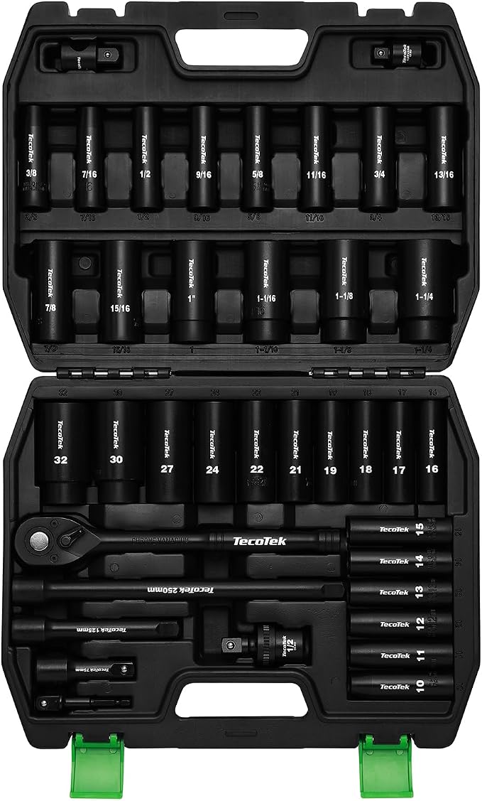 TecoTek 1/2" Drive Deep Impact Socket Set, 38-Piece Socket Set SAE 3/8 to 1-1/4 inch and Metric 10-32mm Size, Includes Extension Bars, Universal Joint, Adapter and Ratchet Handle, 6 Point, Cr-V Steel