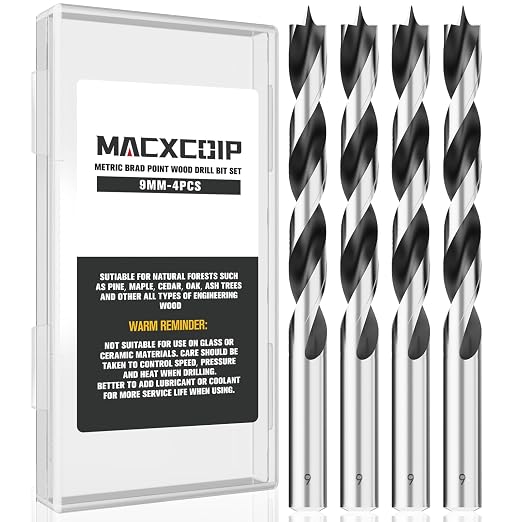 Brad Point Wood Drill Bit Set, 4Pcs 9MM Metric Drill Bit Set with Double Flutes Design for Carpenter Woodworking and All Types of Wood