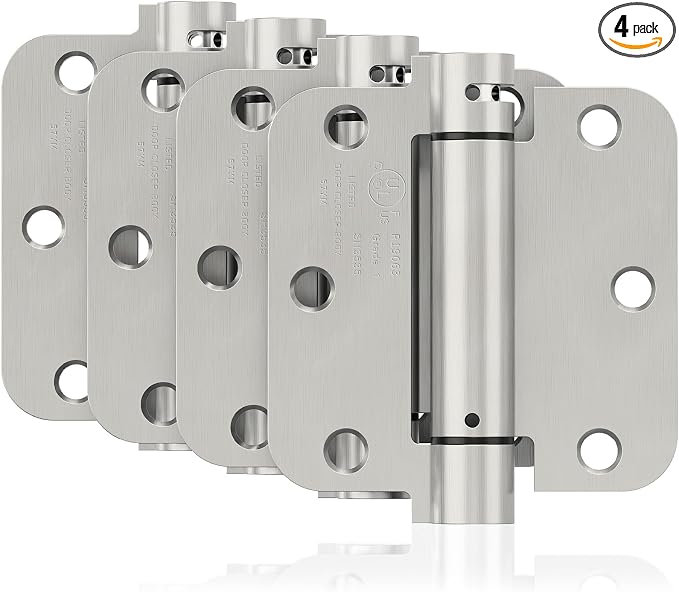 4 Pack Self Closing Door Hinges, 3.5 Inch Spring Loaded Door Hinges for Garage, Front, Back Door, Left/Right Hand, Adjustable Tension, 5/8'' Radius Corners, UL Listed, Brushed Nickel