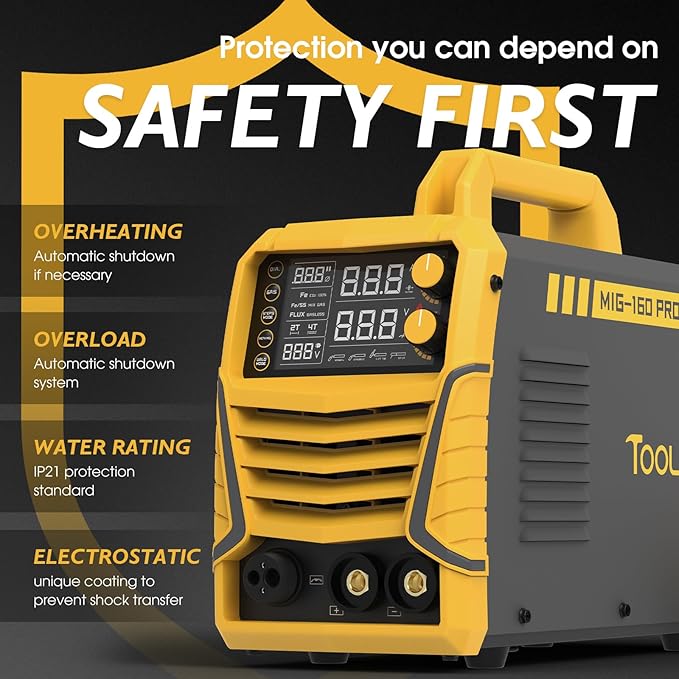 TOOLIOM 160A MIG Welder 4 in 1 Gas MIG/Flux Core MIG/Stick (MMA)/Lift TIG Welding Machine 110/220V Dual Voltage Welder IGBT DC Inverter with LCD Display