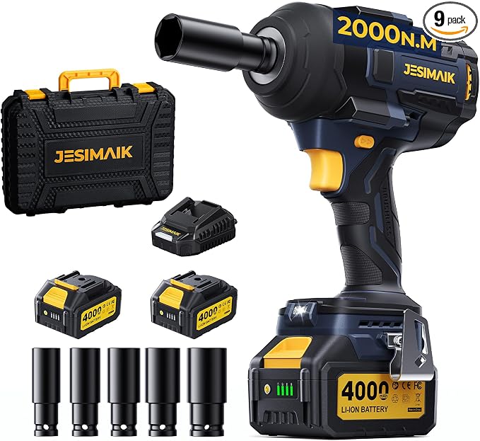 JESIMAIK Cordless Impact Wrench, 1475Ft-lbs (2000N.m) 1/2" Brushless High Torque Impact Wrench with 2×4.0Ah Batteries, Impact Gun with 4 Impact Modes & 5 Sockets for Truck RV Car Heavy Construction