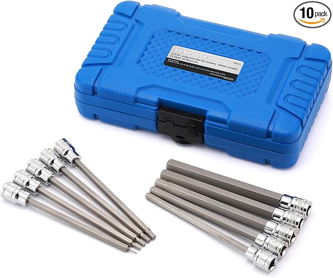 MIXPOWER 3/8 Inch Drive Long Hex Bit Socket Set, 1/16 Inch to 1/2 Inch, SAE, Extra Long Allen Hex Bit Socket Set, CR-V and S2 Steel, 10 Pieces