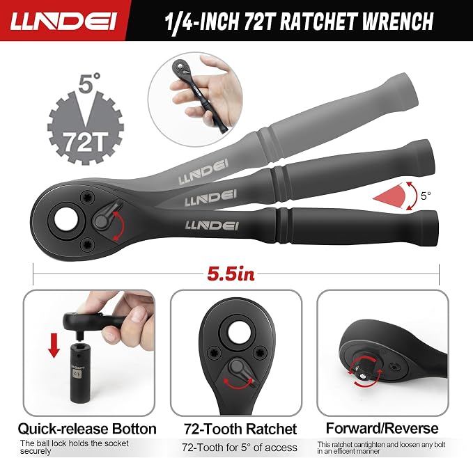 LLNDEI 1/4" Drive Socket Set & Nut Driver Set with Ratchet 38Pcs SAE 5/32" | 1/4" Sockets Deep&Shallow SAE 5/32" to 9/16" with Ratchet, Hex Shank 6" Long Nut Drivers(1/4"-9/16") for Drill Bits(PH1 PH2)