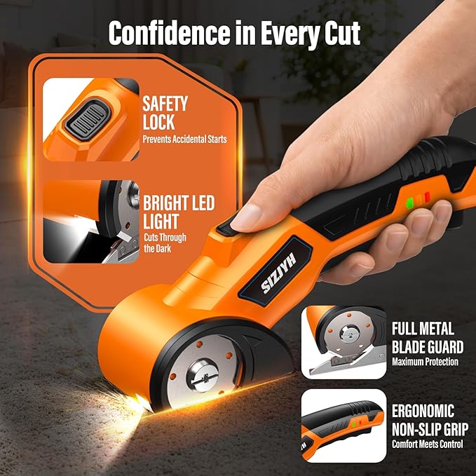 2026 Upgrade Cordless Electric Scissors with 3 Tungsten Steel Blades, 2500mAh Battery, LED Light, High-Torque Motor, Cardboard Cutter for Fabric, Cardboard, Leather, Carpet, Wire Rope Cutters (Orange)
