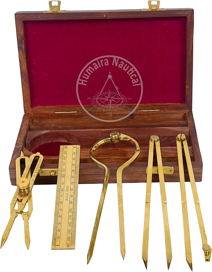 Humaira Nautical Proportional Divider Set of 5, Full Brass dividers with Executive Wooden Box, Single Handed 8" Brass Navigational Dividers Compass Set for Maritime, Naval, Geometry and Drafting