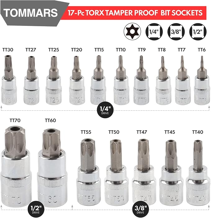 TOMMARS 60-Pc Master Torx Bit Socket & External Socket Set | 1/4", 3/8", 1/2" Drive, S2 Steel Bits, CRV Sockets, E4-E24, T6-T70, TT6-TT70, TP8-TP60