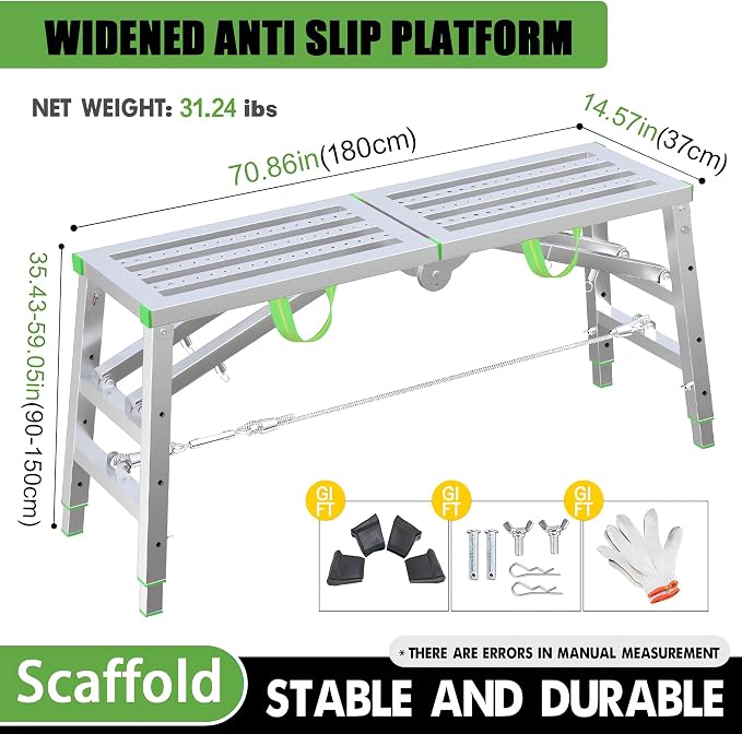 70.86"x14.57" Scaffolding Platform Adjustable Work Platform Support 300 lbs Height 35 to 39 inches Portable Zinc Steel Step Stool Folding Ladder Non Slip for Household Office Cleaning & Washing