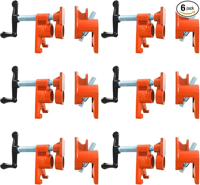 Pipe Clamps 3/4 inch 6 Pack Pipe Clamp with Unique Foot Ideal for Carpentry, Home Improvement, and DIY Projects Wood Gluing Clamps (Orange, 3/4 IN)