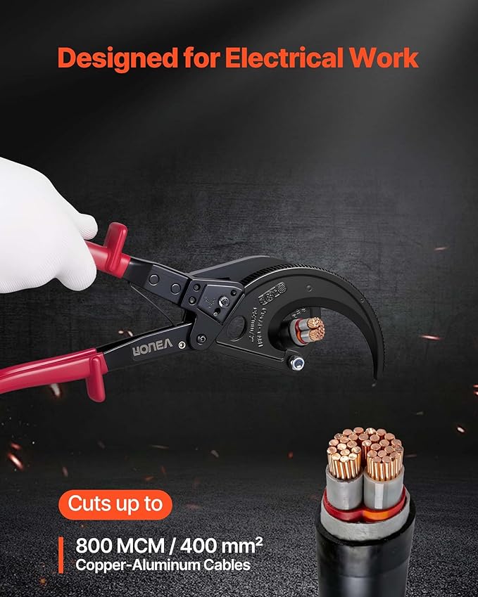 VEVOR Ratcheting Cable Cutter, Spring Steel Blades with Insulated Handles, Quick-Release Button, Heavy Duty Ratchet Cable Wire Cutter for Cutting Copper & Aluminum Cables Up to 800 MCM / 400 mm²