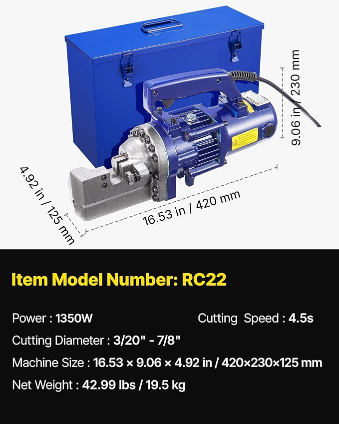 VEVOR Electric Hydraulic Rebar Cutter 1350W 110V - Portable, Cuts #7 4-22mm Rebar in 4.5 Seconds, with Stainless Steel Carry Case