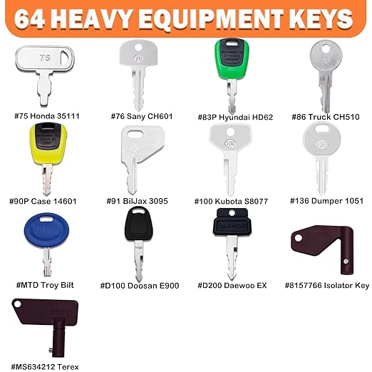 64 Heavy Equipment Keys, Master Equipment Key Set for Cat Caterpillar John Deere Komatsu Volvo Bobcat Kubota JCB Case New Holland Hitachi Hyster Yanmar Takeuchi Contractor Machinery