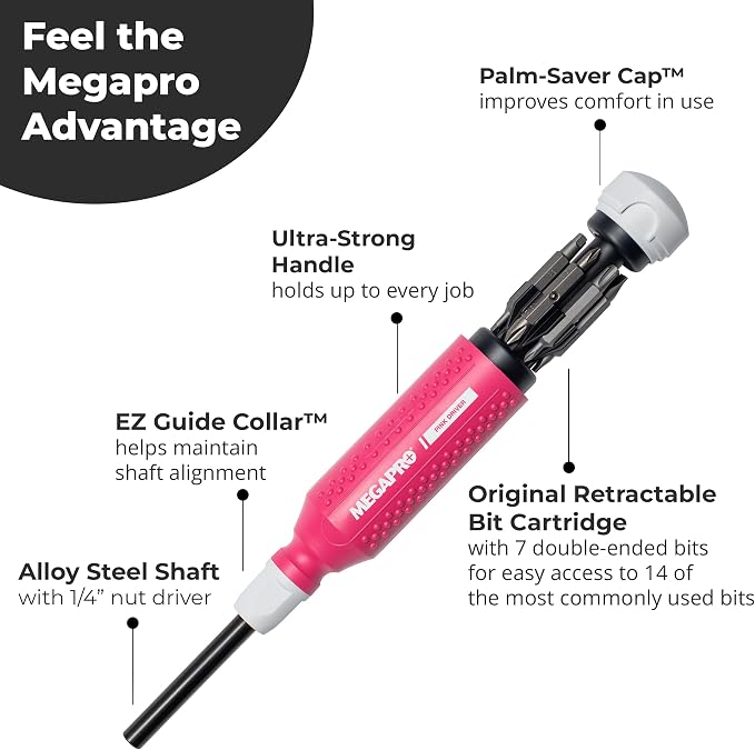 MEGAPRO® 15-in-1 Original Multi-bit Screwdriver | Home DIY & Repair | Construction | Tradeswork | 14 Industrial-grade bit tips | 1/4" Hex Drive in shaft (Pink)