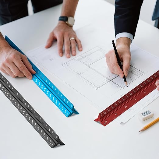 Rena Chris Architectural Scale Ruler: 12" Imperial Aluminum Alloy Metal Architecture Measuring Tools, Engineering Drafting Construction Drawing Blueprints Triangular Architect Scaling Rulers 12 Inches