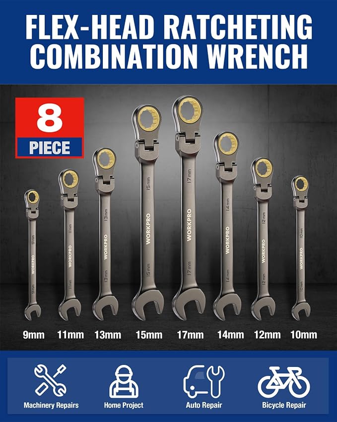 WORKPRO 8-piece Ratcheting Combination Wrench Set, Metric & Nickel Plating | Metric 9-17 mm, 180° Flex-Head, 72-Teeth Cr-V Steel, Combination Wrench Set with Organization Bag for Auto Repair & Home DIY