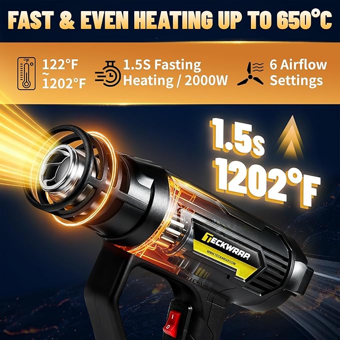 TECKWRAP Heat Gun 2000W 110V with LCD Display, Adjustable Hot Air Gun for Vinyl Wrap, Shrink Wrap, Paint Removal & DIY Crafts (122–1202°F)