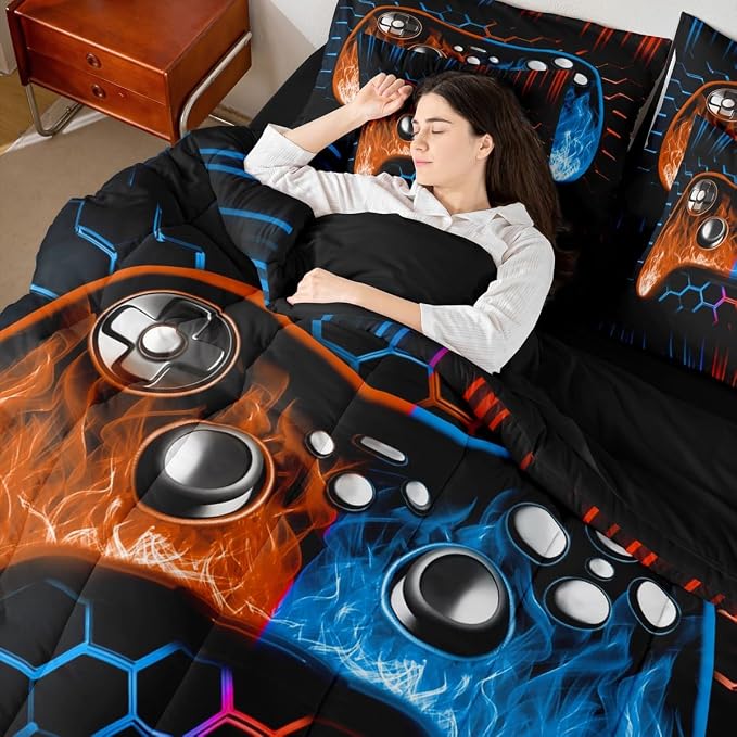 Boys Gaming Bed in a Bag King Size Comforter Set 7 Pieces Ombre Art Honeycomb Bedding Set Orange Blue Neon Lights Sheet Set Game Console Bed Set Geometric Hexagon Beehive Gaming Room Decor