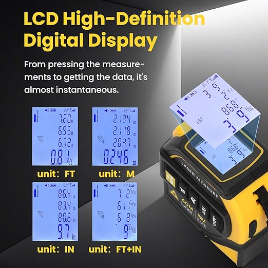 4-in-1 Laser Tape Measure with Level and Crosshairs, 16FT AutoLock Measuring Tape and 130FT Laser Measurement Tool with Large LCD Display, Area, Volume, Pythagorean, Cosine