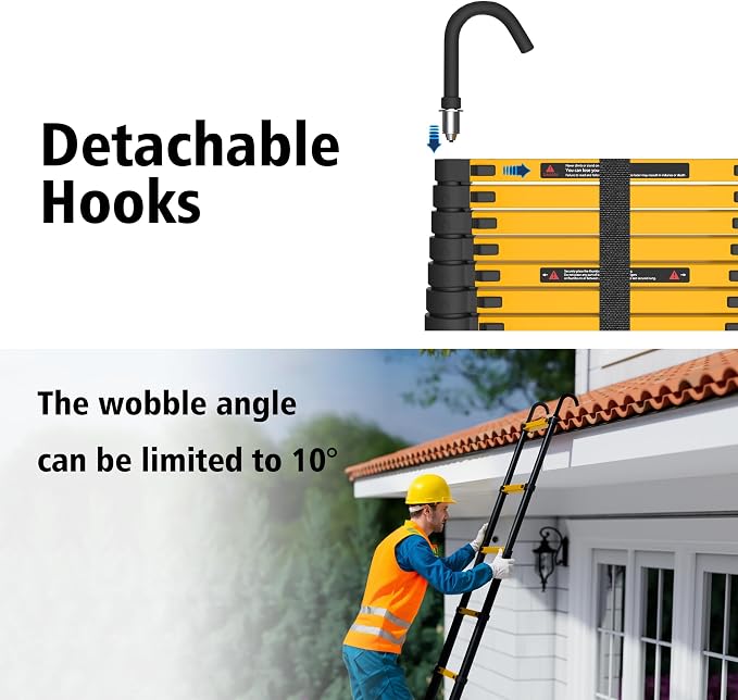 SINMEIRUN Telescoping Ladder, 12.5 FT, Hooks, Aluminum Extension Ladder, 330 lbs Capacity, Collapsible Multi-Purpose Ladder for Home, Roof and RV; Yellow
