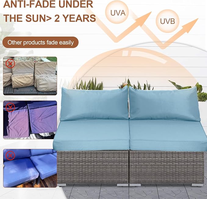 14 Piece Outdoor Patio Cushion Covers Replacement, Waterproof Outdoor Furniture Cushion Covers, Fit 7 Pcs 6 Seater Wicker Rattan Conversation Sofa Set,Light Blue(Only Cover) 25.6x25.6