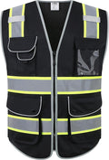 JKSafety 9 Pockets Hi-Vis Black Color Zipper Front Safety Vest Fluorescent Yellow Strips outlining the Reflective Tapes ANSI/ISEA Class 1 (901-Black, X-Large)