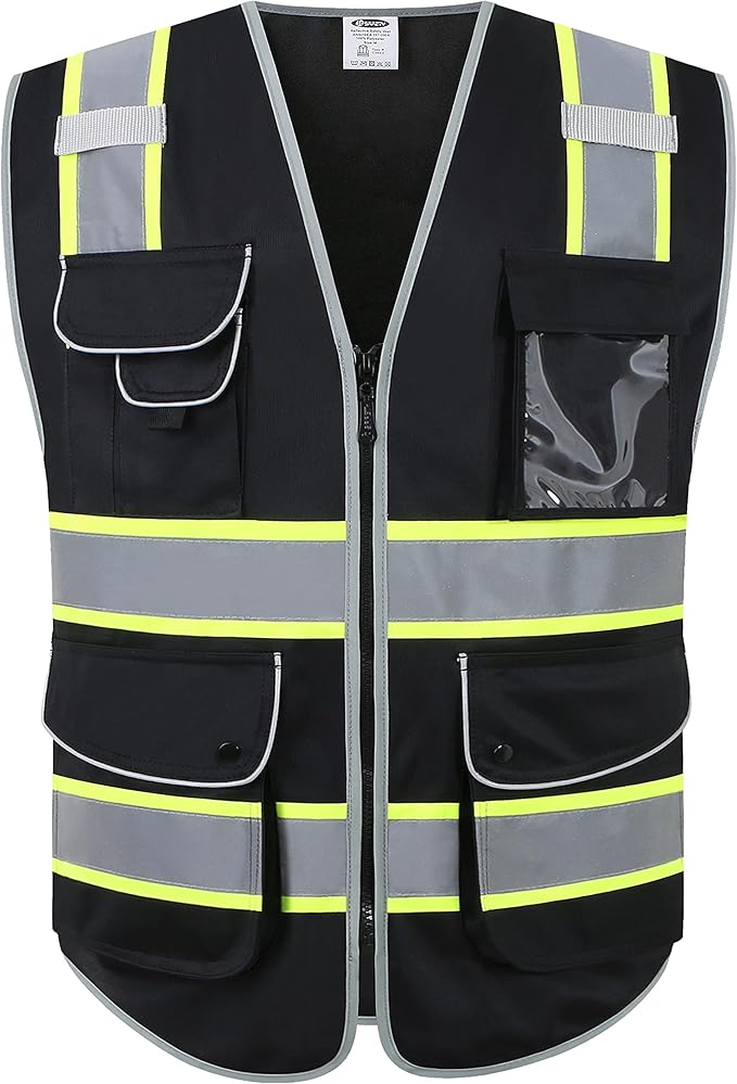 JKSafety 9 Pockets Hi-Vis Black Color Zipper Front Safety Vest Fluorescent Yellow Strips outlining the Reflective Tapes ANSI/ISEA Class 1 (901-Black, 3X-Large)