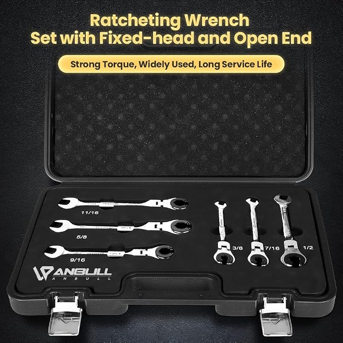 Anbull 6PCS SAE Ratcheting Combination Wrench Set Open Flex-Head 72 Gears | 180° flex-head design,Cr-V steel constructed,durable open flex head,ideal for automotive and mechanical use