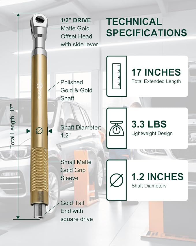 Gold 430mm offset Extension Ratchet Wrench Set, Impact Ready | Premium gold finish. Long reach manual ratchet for tight spaces. Compatible with electric impact guns for extra speed.