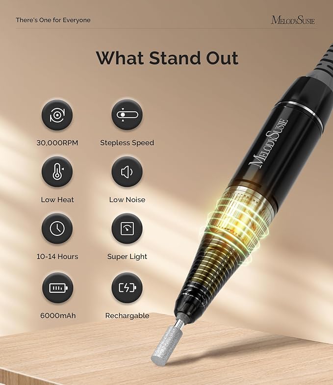 MelodySusie Entry-Level Clip-On Rechargeable Nail Drill, SC320D 30000RPM Essential E-File with LCD Display for Manicure Shaping & Gel Removal, Perfect for Training, Nail Art Practice & Home Use