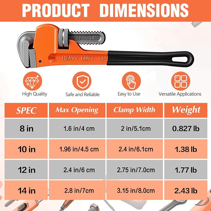 4 Piece Heavy Duty Pipe Wrench Set - 8", 10", 12", 14", Adjustable Chrome Vanadium Steel Plumbing Wrench Set with Soft Handle & Gloves for Plumbers, Pipeline, Auto Repair