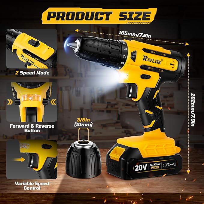 20V Cordless Drill Set,Electric Power Drill Cordless,Power Drill Drivers,Electric Screwdriver - 2.0Ah Batteries, 30Nm，21+1 Torque,2 Speed, Built-in LED,Kit for Home, Yellow