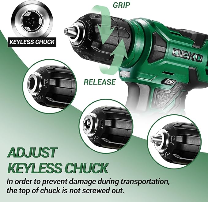 DEKOPRO 8V Cordless Drill, Drill Set with 3/8"Keyless Chuck, 42pcs Acessories, Built-in LED, Type-C Charge Cable, Green Power Drill for Drilling and Tightening/Loosening Screws