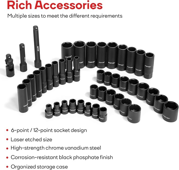 Eastvolt 46 Pieces Drive Socket Ratchet Wrench Set, Mechanic Tool Kits with 72 Teeth Reversible Ratchet, Extension Bar Set and Storage Case, Metric/SAE