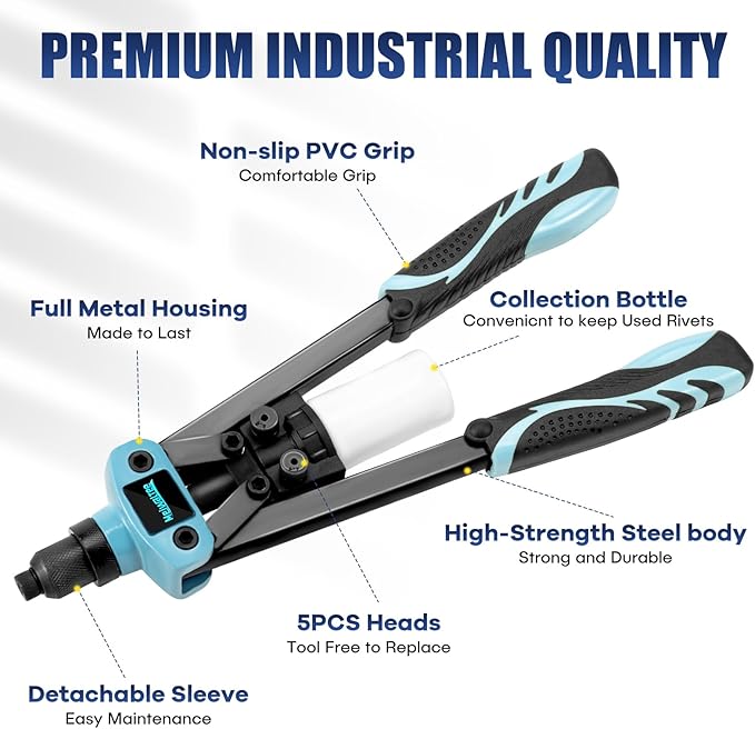 13" Rivet Gun, 1/4 Pop Rivet Gun with 100 Pcs Rivets, Manual Hand Heavy Duty Riveter with 5 Nosepieces for Plastic Metal,Aluminum, Plastic, Tube Stock,Gutter & Automotive.