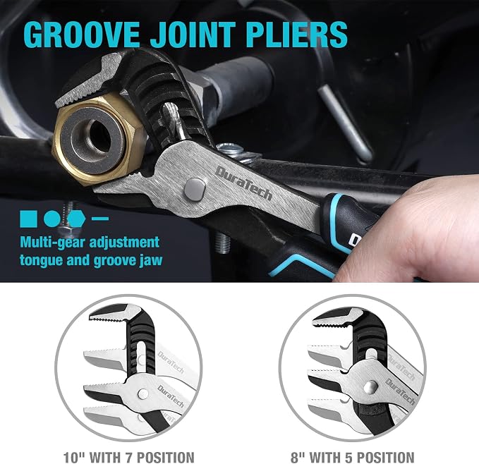DURATECH 7-Piece Pliers Set with Rolling Pouch,Cr-Ni Construction | 10" & 8" Groove Joint, 8" & 6" Long Nose, 8" Linesman, 6" Slip Joint & Diagonal Pliers