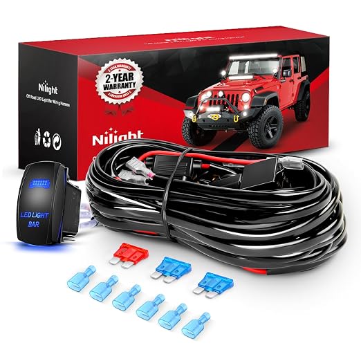 Nilight 16AWG LED Light Bar Wiring Harness Kit - 3 Leads Blue | 12V On Off 5Pin Rocker Switch Laser Waterproof Toggle Power Relay Blade Fuse for Cars Boat ATV Trucks