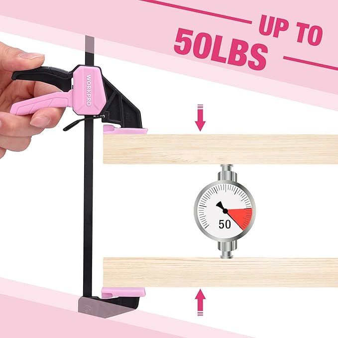 WORKPRO 6" Mini Bar Clamps for Woodworking, 2-Pack One-Handed Clamp/Spreader, Light-Duty Screw-Change F Clamp with 50lbs Load Limit, Pink Ribbon