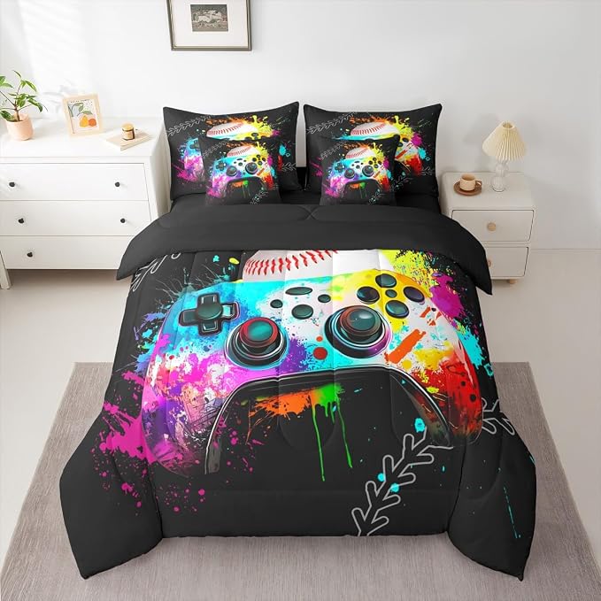 Game Consoles Bed in a Bag King Size Comforter Set 7 Pieces,Baseball Sports Bedding Set for Boys,Gamer Comforter and Sheet Set Rainbow Tie Dye Bed Set,Gaming Decor for Boys Bedroom Gamer Gifts