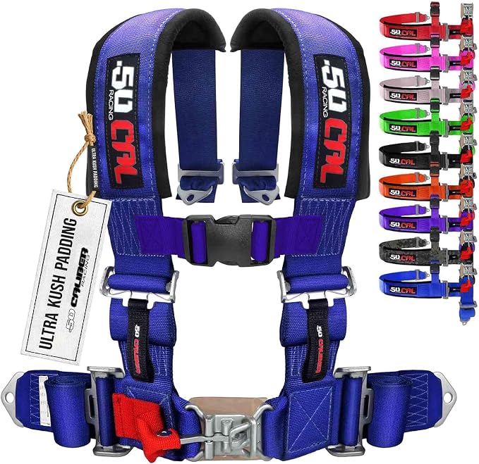 1pc 50 Cal Blue 4 Point Harness 2" straps, Racing Harness Seat Belt | Ultra Kush padding, Push Button quick release hardware. Universal Fit for UTV, RZR, race car