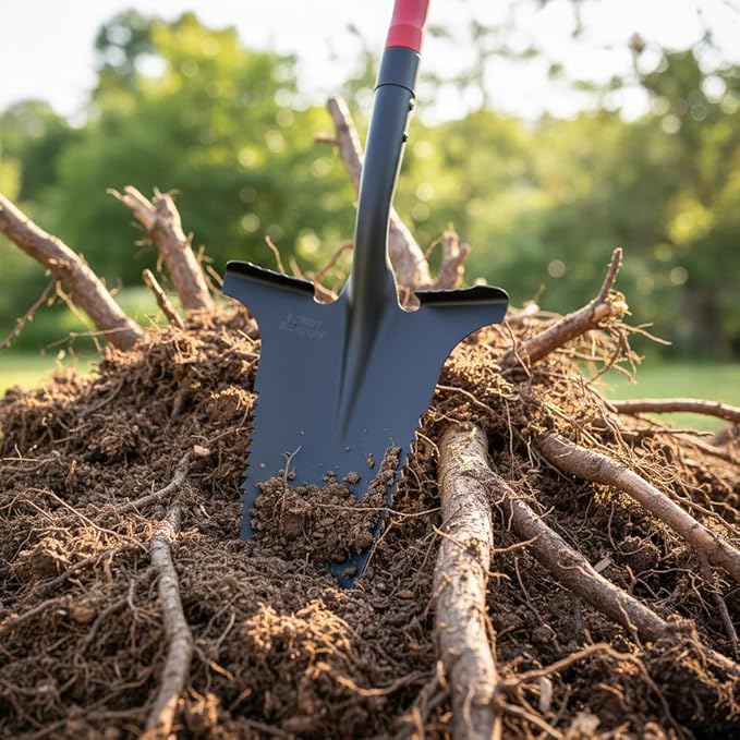 Root Slayer RS220 Heavy Duty Garden Shovel with Serrated Blade for Digging and Root Removal, Steel Spade
