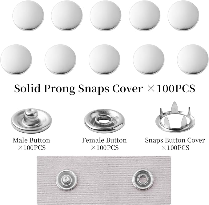 DEVPSISR 100 Sets Metal Snaps Buttons with Fastener Pliers Press Tool Kit Perfect for DIY Crafts Clothing Sewing, 9.5mm Snap Button Fasteners Kit（Silver Solid）