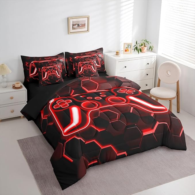 Gaming King Size Comforter Set with Sheets, Neon Honeycomb Gamer 7-Piece Bedding Set Video Game Consoles Bed in a Bag, Red Hexagon Lights Room Decor,Kids Bedroom Decor
