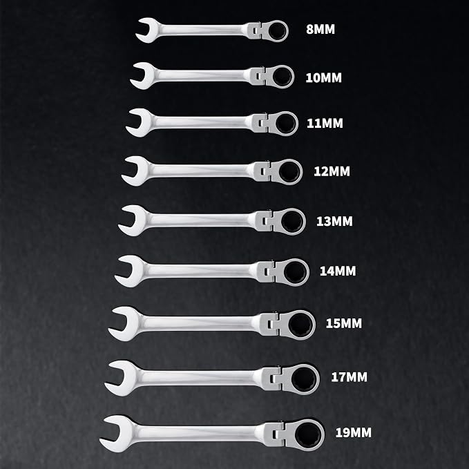Garvee 9 Piece Metric Ratcheting Wrench Set Combination Ratcheting Wrench | 72-Tooth 5° Swing Arc CR-V Steel | Metric 8-19 mm Coverage for Automotive Repair, Mechanical Maintenance DIY Project