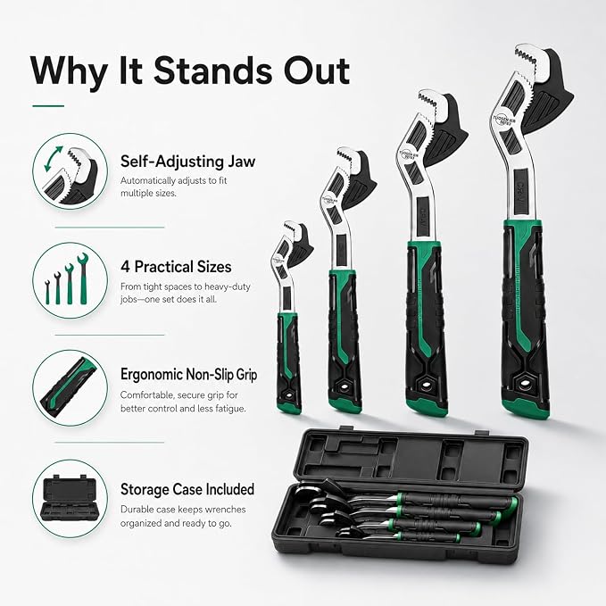 4PC Adjusting Wrench Set with Case, 6 8 10 12 Inch Multi-function Universal Magic Wrench, CR-V Steel for 0.47-1.18 Inch (7-43MM),Self locking Wrench,Pipe Wrench Set, Fittings and Nuts