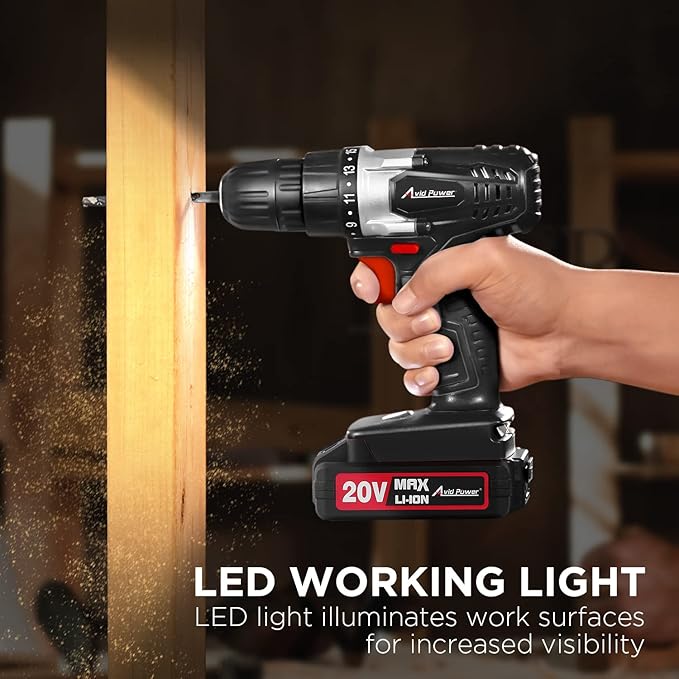 AVID POWER 20V Cordless Drill Set for Home DIY & Beginner Projects - Lightweight Power Drill with Battery Charger & 22 Bits, Variable Speed, 3/8" Keyless Chuck, Ideal for Furniture Assembly (Black)